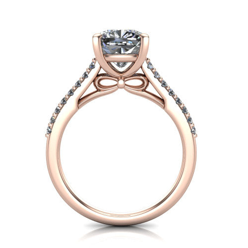 Milani cushion-cut classic engagement ring in 18K Rose Gold, front profile through the finger showing the bow-motif gallery beneath the center stone