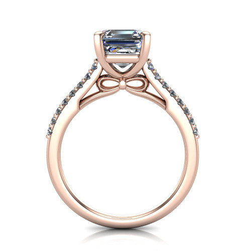 Milani square emerald-cut classic engagement ring in 14K Rose Gold, front profile through the finger showing the bow-motif gallery beneath the center stone
