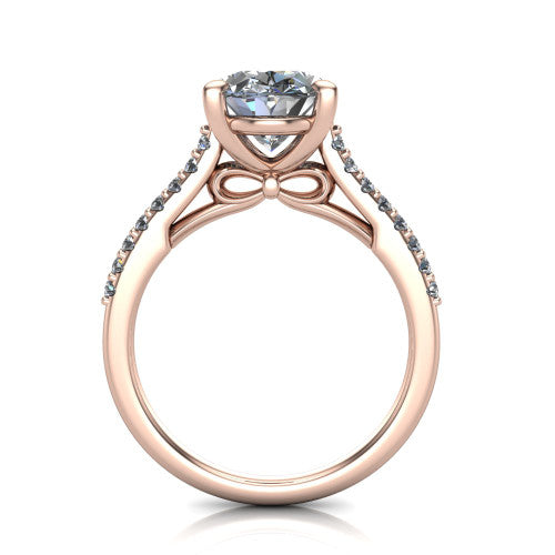 Milani oval classic engagement ring in 14K Rose Gold, front profile through the finger showing the bow-motif gallery beneath the center stone