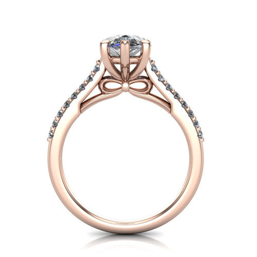 Milani pear-shaped classic engagement ring in 18K Rose Gold, front profile through the finger showing the bow-motif gallery beneath the center stone