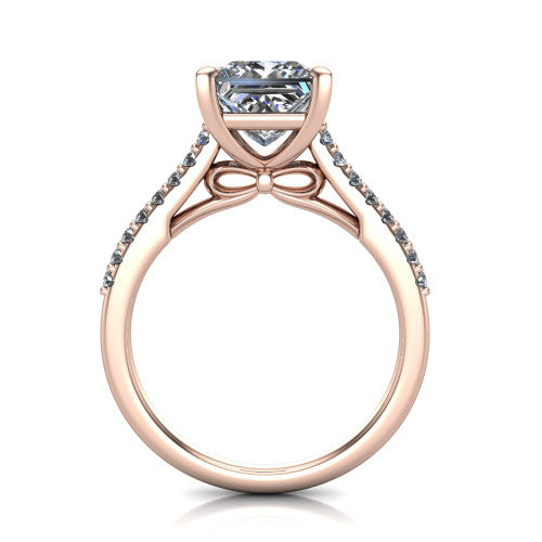 Milani princess-cut classic engagement ring in 18K Rose Gold, front profile through the finger showing the bow-motif gallery beneath the center stone