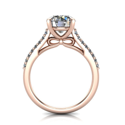 Milani round classic engagement ring in 14K Rose Gold, front profile through the finger showing the bow-motif gallery beneath the center stone