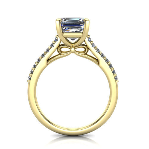 Milani square emerald-cut classic engagement ring in 18K Yellow Gold, front profile through the finger showing the bow-motif gallery beneath the center stone