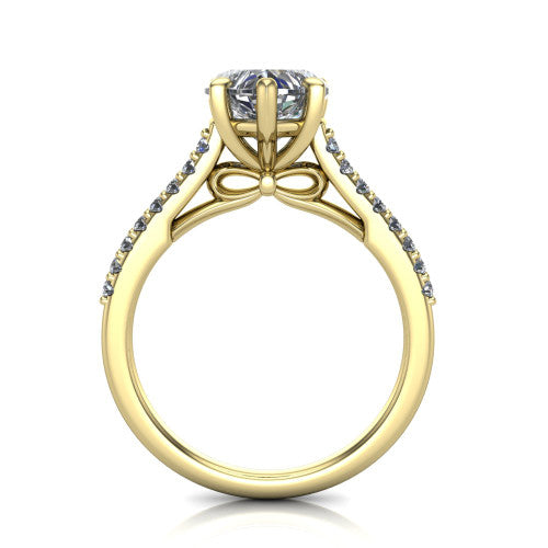 Milani heart-shaped classic engagement ring in 18K Yellow Gold, front profile through the finger showing the bow-motif gallery beneath the center stone
