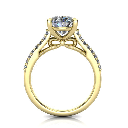 Milani oval classic engagement ring in 14K Yellow Gold, front profile through the finger showing the bow-motif gallery beneath the center stone