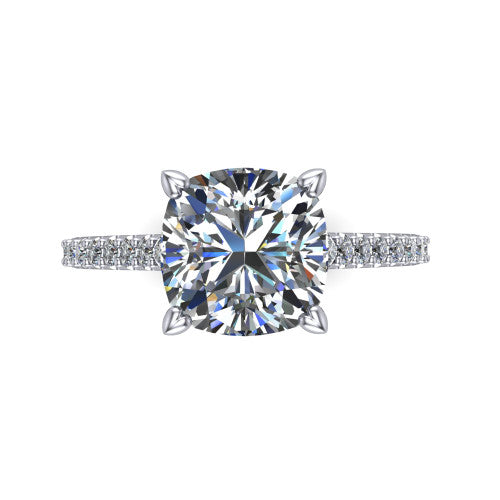 Milani cushion-cut classic engagement ring in 18K White Gold, top-down view showing the cushion-cut center diamond and pavé shoulders