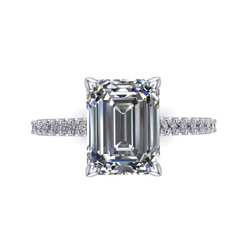 Milani emerald-cut classic engagement ring in 14K White Gold, top-down view showing the emerald-cut center diamond and pavé shoulders