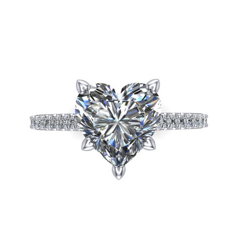 Milani heart-shaped classic engagement ring in Platinum, top-down view showing the heart-shaped center diamond and pavé shoulders