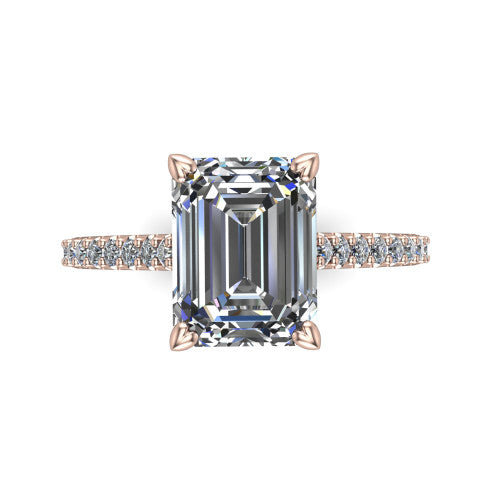 Milani emerald-cut classic engagement ring in 18K Rose Gold, top-down view showing the emerald-cut center diamond and pavé shoulders