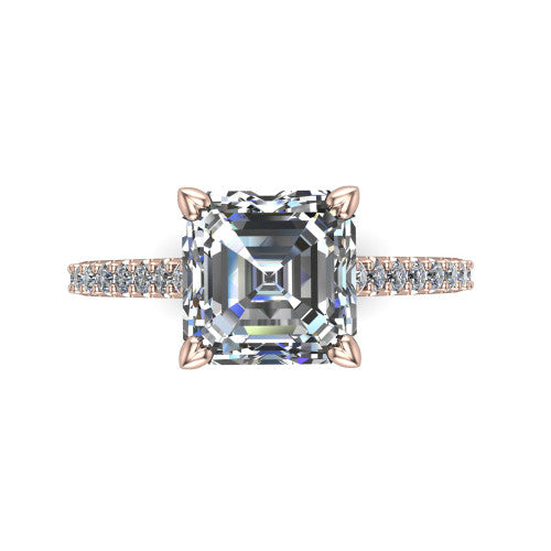 Milani square emerald-cut classic engagement ring in 18K Rose Gold, top-down view showing the square emerald-cut center diamond and pavé shoulders