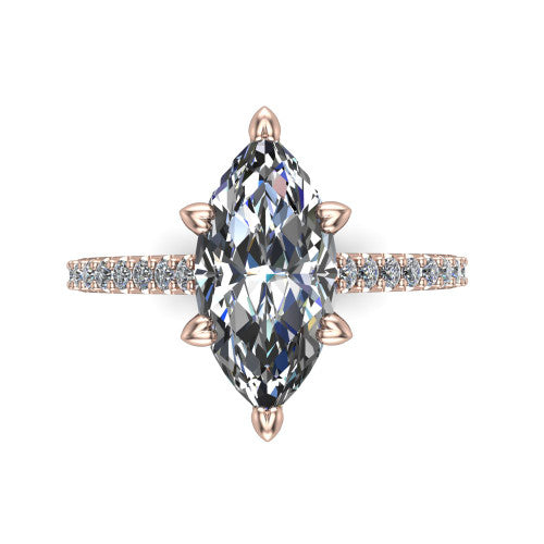 Milani marquise-cut classic engagement ring in 14K Rose Gold, top-down view showing the marquise-cut center diamond and pavé shoulders