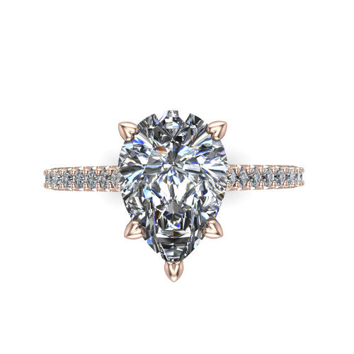 Milani pear-shaped classic engagement ring in 14K Rose Gold, top-down view showing the pear-shaped center diamond and pavé shoulders