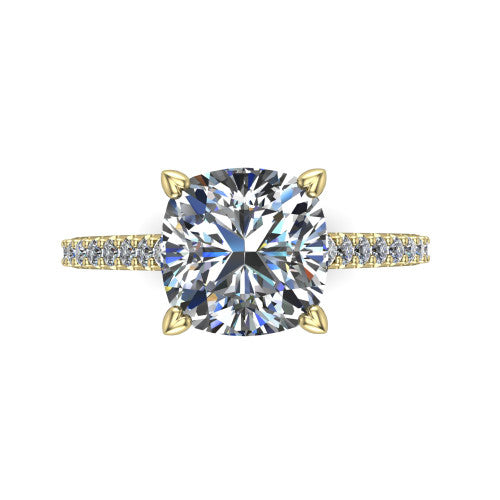 Milani cushion-cut classic engagement ring in 18K Yellow Gold, top-down view showing the cushion-cut center diamond and pavé shoulders