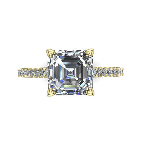 Milani square emerald-cut classic engagement ring in 18K Yellow Gold, top-down view showing the square emerald-cut center diamond and pavé shoulders