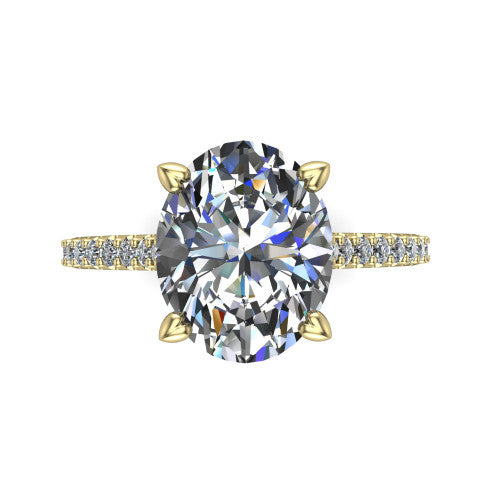 Milani oval classic engagement ring in 14K Yellow Gold, top-down view showing the oval center diamond and pavé shoulders
