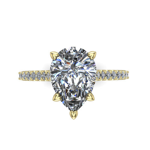 Milani pear-shaped classic engagement ring in 18K Yellow Gold, top-down view showing the pear-shaped center diamond and pavé shoulders
