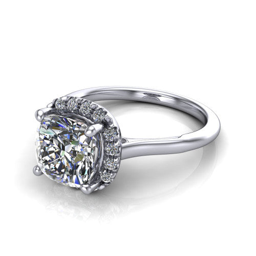 Gemma cushion halo engagement ring in 14K White Gold, three-quarter perspective showing the cushion center diamond in a pave halo above a thin band