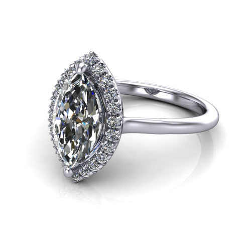 Gemma marquise halo engagement ring in 14K White Gold, three-quarter perspective showing the marquise center diamond in a pave halo above a thin band