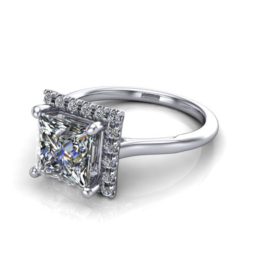 Gemma princess-cut halo engagement ring in Platinum, three-quarter perspective showing the princess-cut center diamond in a pave halo above a thin band