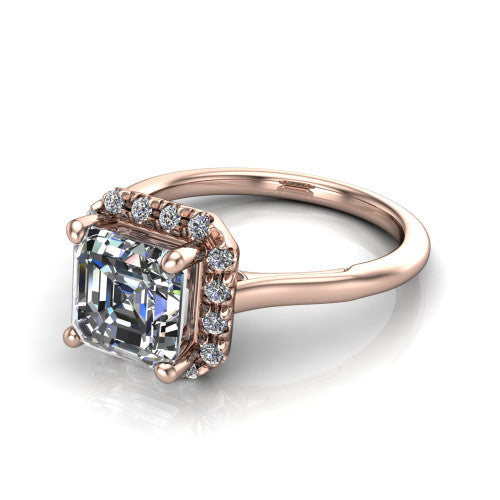 Gemma square emerald-cut halo engagement ring in 14K Rose Gold, three-quarter perspective showing the square emerald-cut center diamond in a pave halo above a thin band