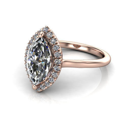Gemma marquise halo engagement ring in 18K Rose Gold, three-quarter perspective showing the marquise center diamond in a pave halo above a thin band