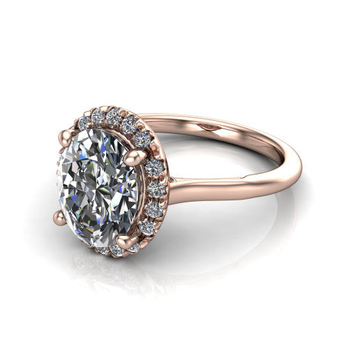 Gemma oval halo engagement ring in 18K Rose Gold, three-quarter perspective showing the oval center diamond in a pave halo above a thin band