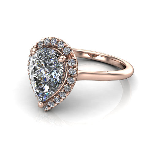 Gemma pear halo engagement ring in 18K Rose Gold, three-quarter perspective showing the pear center diamond in a pave halo above a thin band
