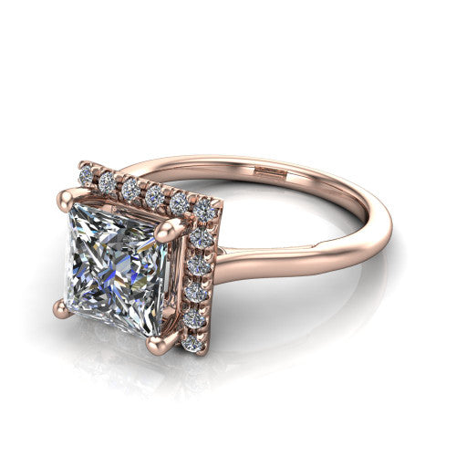 Gemma princess-cut halo engagement ring in 18K Rose Gold, three-quarter perspective showing the princess-cut center diamond in a pave halo above a thin band