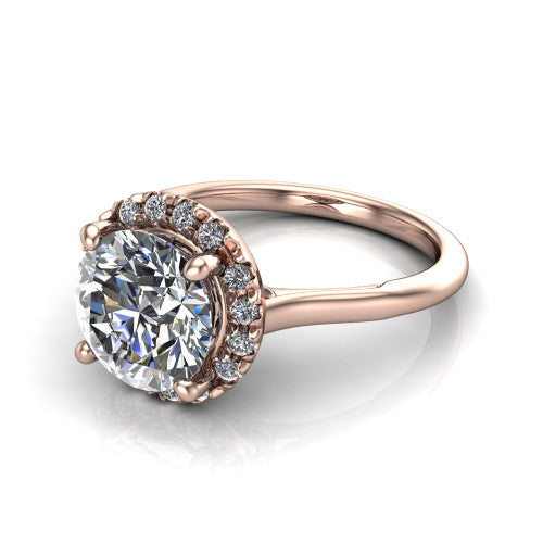 Gemma round halo engagement ring in 14K Rose Gold, three-quarter perspective showing the round center diamond in a pave halo above a thin band
