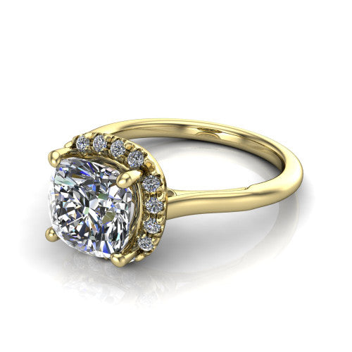 Gemma cushion halo engagement ring in 14K Yellow Gold, three-quarter perspective showing the cushion center diamond in a pave halo above a thin band