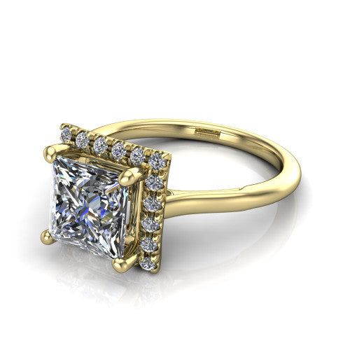 Gemma princess-cut halo engagement ring in 14K Yellow Gold, three-quarter perspective showing the princess-cut center diamond in a pave halo above a thin band