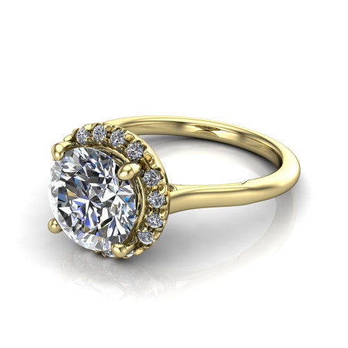 Gemma round halo engagement ring in 14K Yellow Gold, three-quarter perspective showing the round center diamond in a pave halo above a thin band