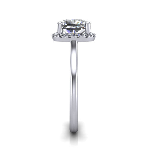 Gemma cushion halo engagement ring in 18K White Gold, side profile showing the bow gallery and thin polished band in side view