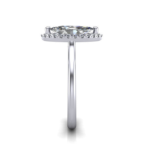 Gemma marquise halo engagement ring in Platinum, side profile showing the bow gallery and thin polished band in side view