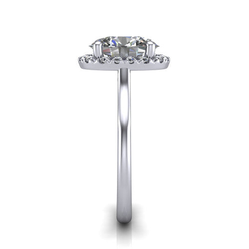 Gemma oval halo engagement ring in Platinum, side profile showing the bow gallery and thin polished band in side view