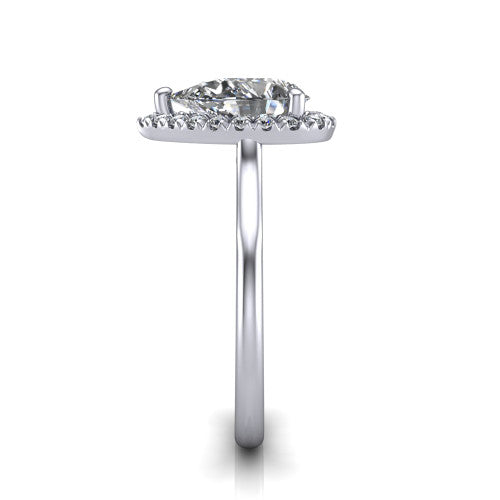 Gemma pear halo engagement ring in 18K White Gold, side profile showing the bow gallery and thin polished band in side view