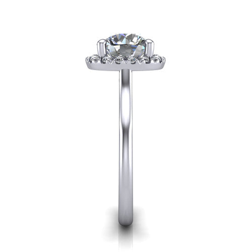 Gemma round halo engagement ring in 18K White Gold, side profile showing the bow gallery and thin polished band in side view