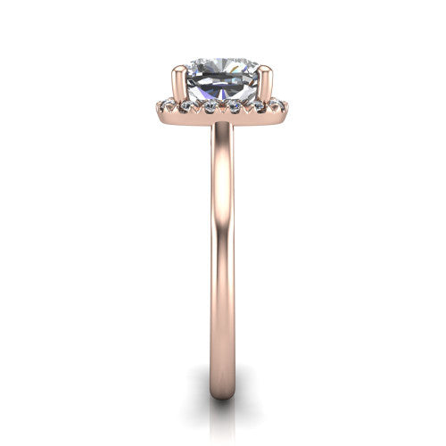 Gemma cushion halo engagement ring in 14K Rose Gold, side profile showing the bow gallery and thin polished band in side view