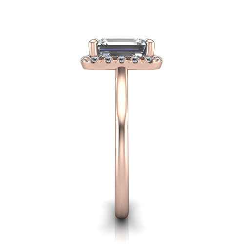 Gemma emerald-cut halo engagement ring in 14K Rose Gold, side profile showing the bow gallery and thin polished band in side view