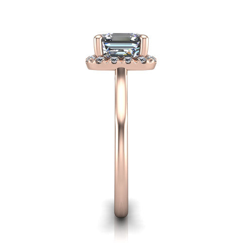 Gemma square emerald-cut halo engagement ring in 14K Rose Gold, side profile showing the bow gallery and thin polished band in side view