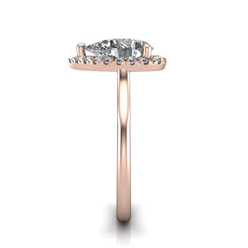 Gemma pear halo engagement ring in 18K Rose Gold, side profile showing the bow gallery and thin polished band in side view