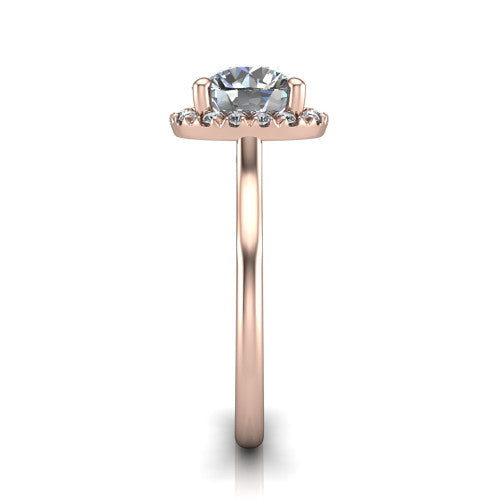 Gemma round halo engagement ring in 18K Rose Gold, side profile showing the bow gallery and thin polished band in side view