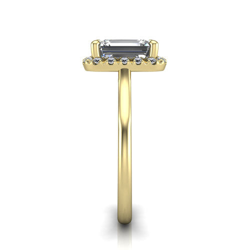 Gemma emerald-cut halo engagement ring in 18K Yellow Gold, side profile showing the bow gallery and thin polished band in side view