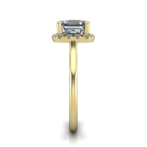 Gemma square emerald-cut halo engagement ring in 18K Yellow Gold, side profile showing the bow gallery and thin polished band in side view