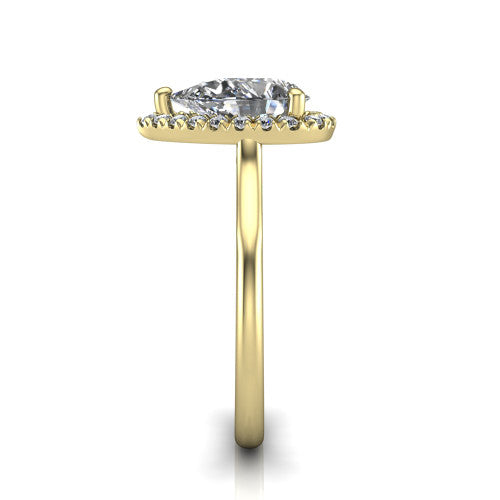 Gemma pear halo engagement ring in 18K Yellow Gold, side profile showing the bow gallery and thin polished band in side view