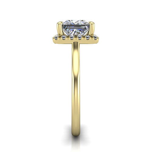 Gemma princess-cut halo engagement ring in 18K Yellow Gold, side profile showing the bow gallery and thin polished band in side view