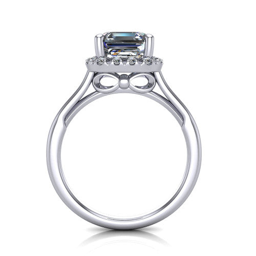 Gemma square emerald-cut halo engagement ring in 18K White Gold, through-finger front profile showing the decorative bow gallery and halo from the front