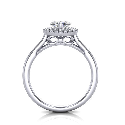Gemma marquise halo engagement ring in Platinum, through-finger front profile showing the decorative bow gallery and halo from the front