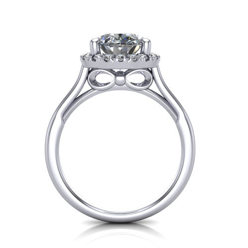 Gemma oval halo engagement ring in 18K White Gold, through-finger front profile showing the decorative bow gallery and halo from the front
