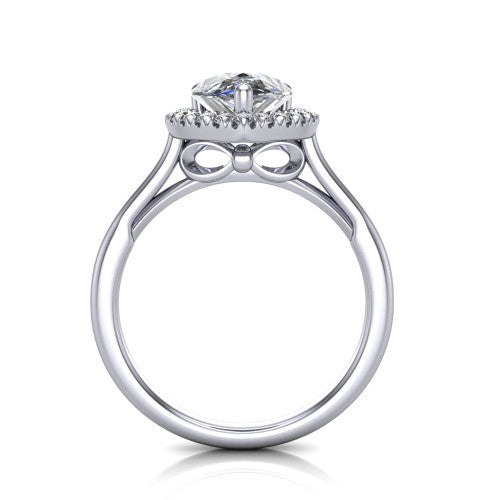 Gemma pear halo engagement ring in Platinum, through-finger front profile showing the decorative bow gallery and halo from the front